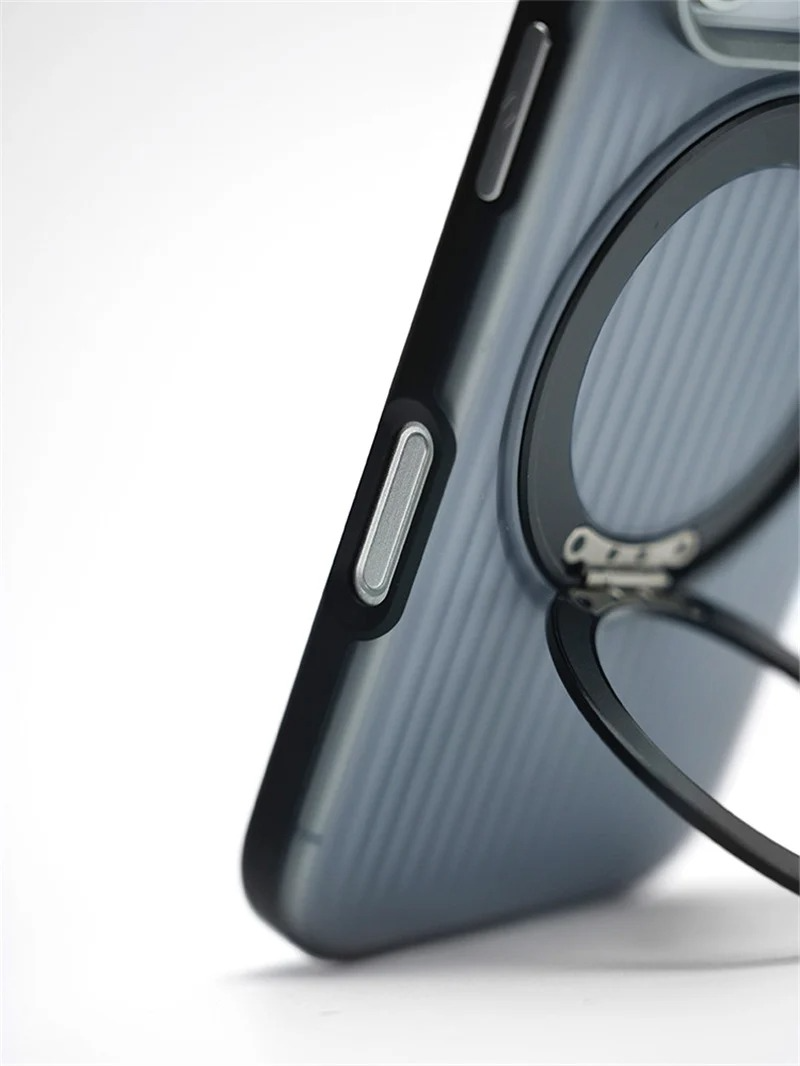 Luxury MagSafe Shockproof iPhone Case — Matte Anti-Fingerprint Plastic Cover with Corrugated Grip Stripes, 360° Rotating Metal Ring Holder, Wireless Charging Compatible