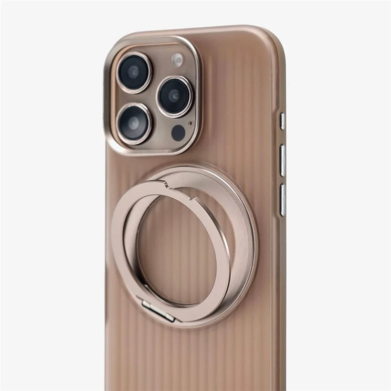 Luxury MagSafe Shockproof iPhone Case — Matte Anti-Fingerprint Plastic Cover with Corrugated Grip Stripes, 360° Rotating Metal Ring Holder, Wireless Charging Compatible