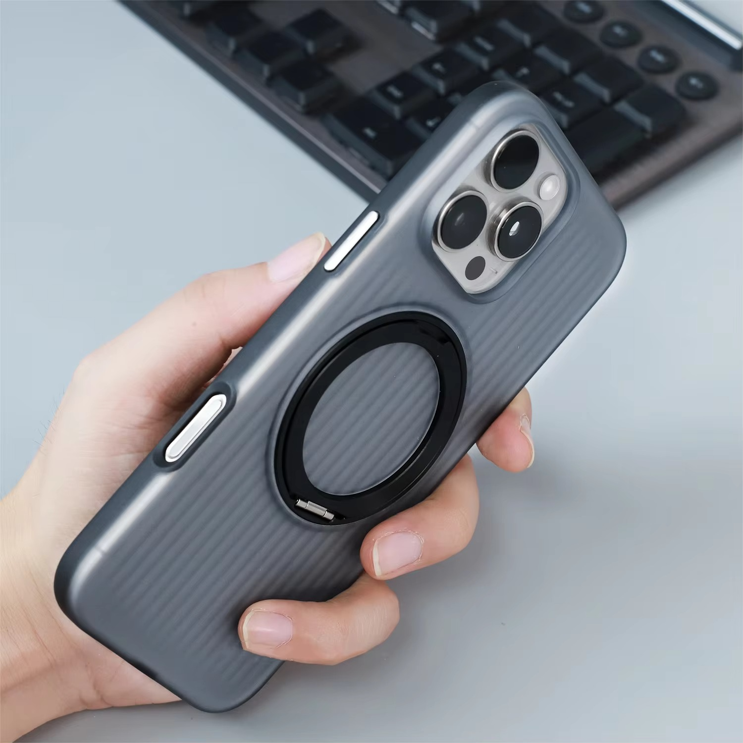 Luxury MagSafe Shockproof iPhone Case — Matte Anti-Fingerprint Plastic Cover with Corrugated Grip Stripes, 360° Rotating Metal Ring Holder, Wireless Charging Compatible