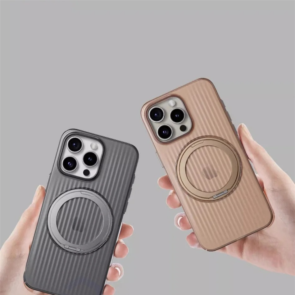 Luxury MagSafe Shockproof iPhone Case — Matte Anti-Fingerprint Plastic Cover with Corrugated Grip Stripes, 360° Rotating Metal Ring Holder, Wireless Charging Compatible