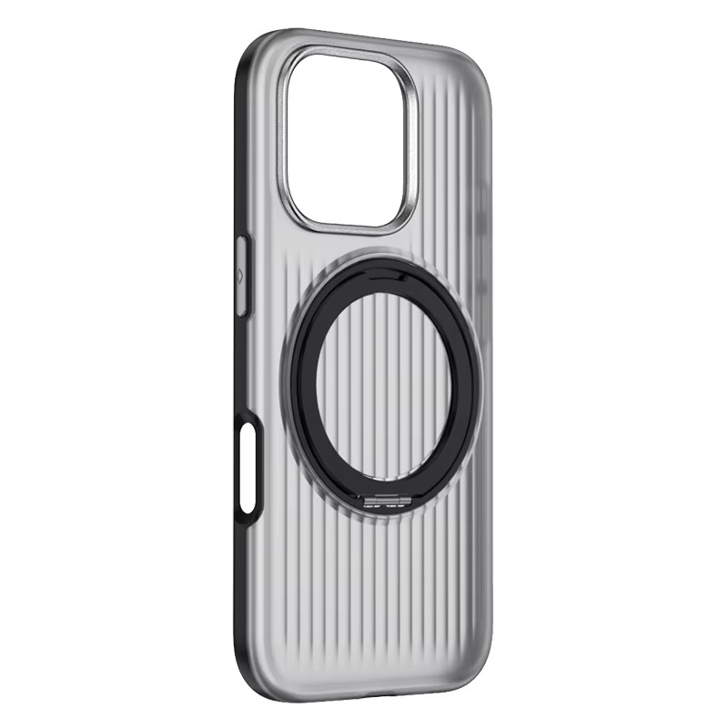 Luxury MagSafe Shockproof iPhone Case — Matte Anti-Fingerprint Plastic Cover with Corrugated Grip Stripes, 360° Rotating Metal Ring Holder, Wireless Charging Compatible