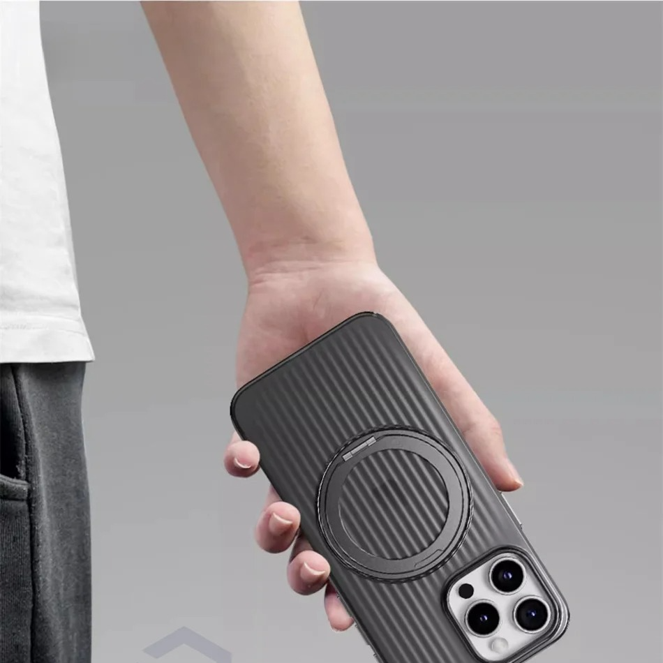 Luxury MagSafe Shockproof iPhone Case — Matte Anti-Fingerprint Plastic Cover with Corrugated Grip Stripes, 360° Rotating Metal Ring Holder, Wireless Charging Compatible