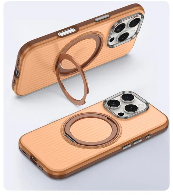Luxury MagSafe Shockproof iPhone Case — Matte Anti-Fingerprint Plastic Cover with Corrugated Grip Stripes, 360° Rotating Metal Ring Holder, Wireless Charging Compatible