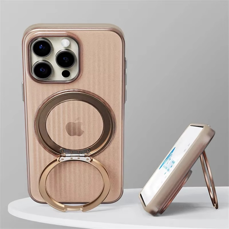 Luxury MagSafe Shockproof iPhone Case — Matte Anti-Fingerprint Plastic Cover with Corrugated Grip Stripes, 360° Rotating Metal Ring Holder, Wireless Charging Compatible