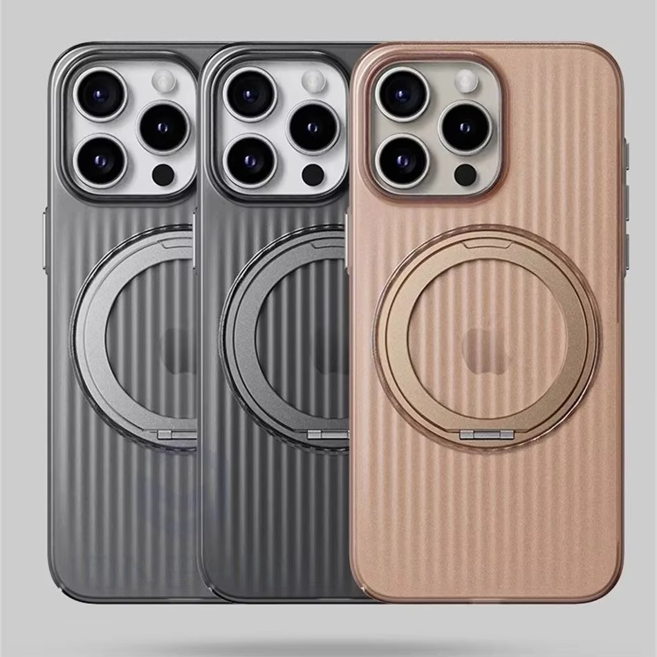 Luxury MagSafe Shockproof iPhone Case — Matte Anti-Fingerprint Plastic Cover with Corrugated Grip Stripes, 360° Rotating Metal Ring Holder, Wireless Charging Compatible