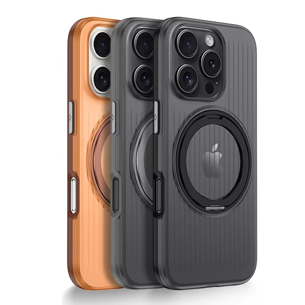 Luxury MagSafe Shockproof iPhone Case — Matte Anti-Fingerprint Plastic Cover with Corrugated Grip Stripes, 360° Rotating Metal Ring Holder, Wireless Charging Compatible