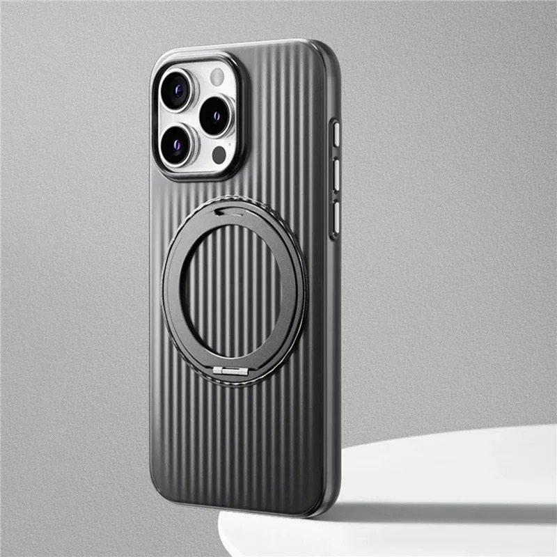 Luxury MagSafe Shockproof iPhone Case — Matte Anti-Fingerprint Plastic Cover with Corrugated Grip Stripes, 360° Rotating Metal Ring Holder, Wireless Charging Compatible