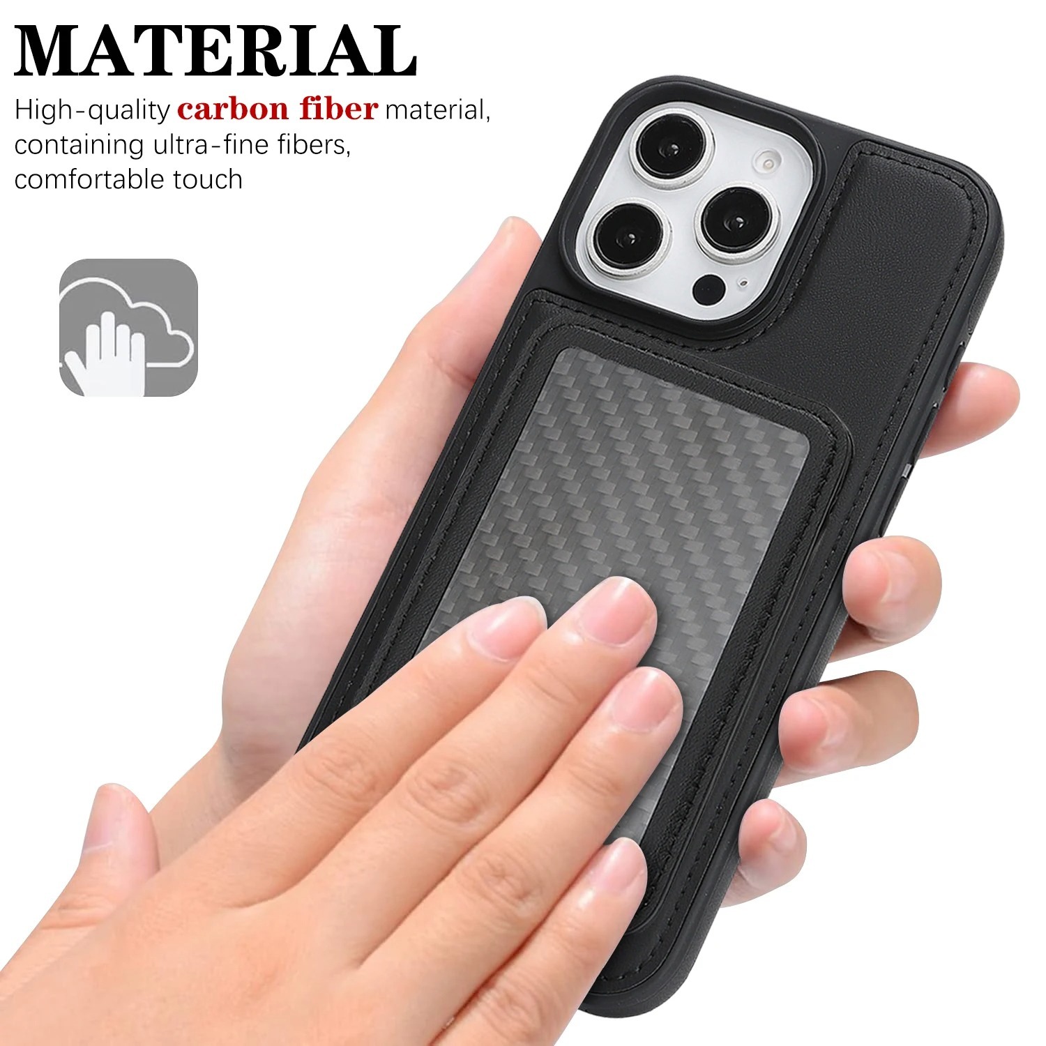 Luxury MagSafe iPhone Case Magnetic Shockproof RFID-Blocking Wallet with Card Holder, Carbon Fiber Texture, Rotating Bracket, Wireless Charging Compatible