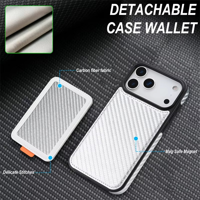 Luxury MagSafe iPhone Case Magnetic Shockproof RFID-Blocking Wallet with Card Holder, Carbon Fiber Texture, Rotating Bracket, Wireless Charging Compatible