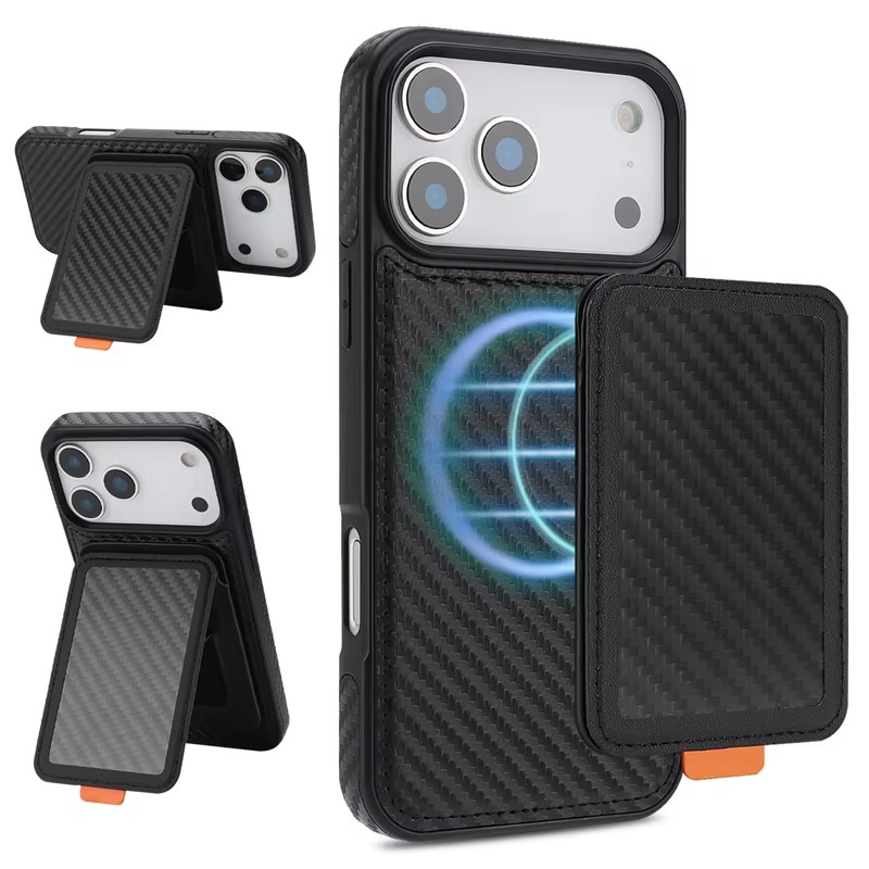 Luxury MagSafe iPhone Case Magnetic Shockproof RFID-Blocking Wallet with Card Holder, Carbon Fiber Texture, Rotating Bracket, Wireless Charging Compatible