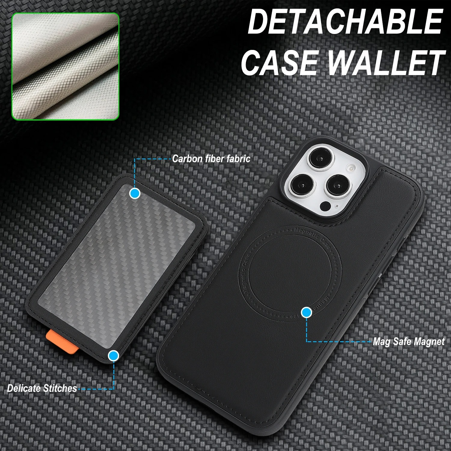 Luxury MagSafe iPhone Case Magnetic Shockproof RFID-Blocking Wallet with Card Holder, Carbon Fiber Texture, Rotating Bracket, Wireless Charging Compatible