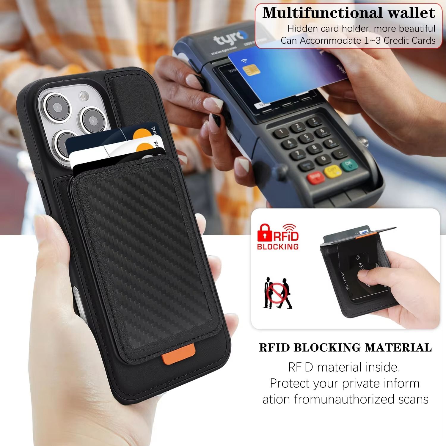 Luxury MagSafe iPhone Case Magnetic Shockproof RFID-Blocking Wallet with Card Holder, Carbon Fiber Texture, Rotating Bracket, Wireless Charging Compatible