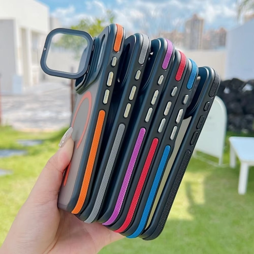 Luxury iPhone Case — MagSafe Matte Clear Magnetic TPU+PC Cover with Glass Lens Camera Protection and Built-In Stand