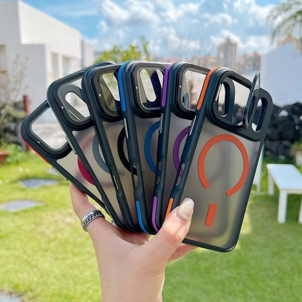 Luxury iPhone Case — MagSafe Matte Clear Magnetic TPU+PC Cover with Glass Lens Camera Protection and Built-In Stand