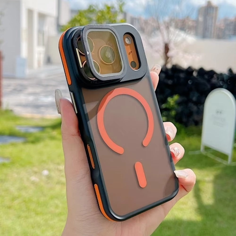 Luxury iPhone Case — MagSafe Matte Clear Magnetic TPU+PC Cover with Glass Lens Camera Protection and Built-In Stand