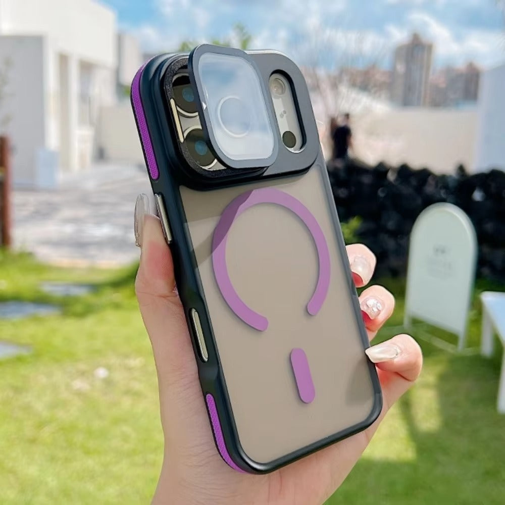 Luxury iPhone Case — MagSafe Matte Clear Magnetic TPU+PC Cover with Glass Lens Camera Protection and Built-In Stand