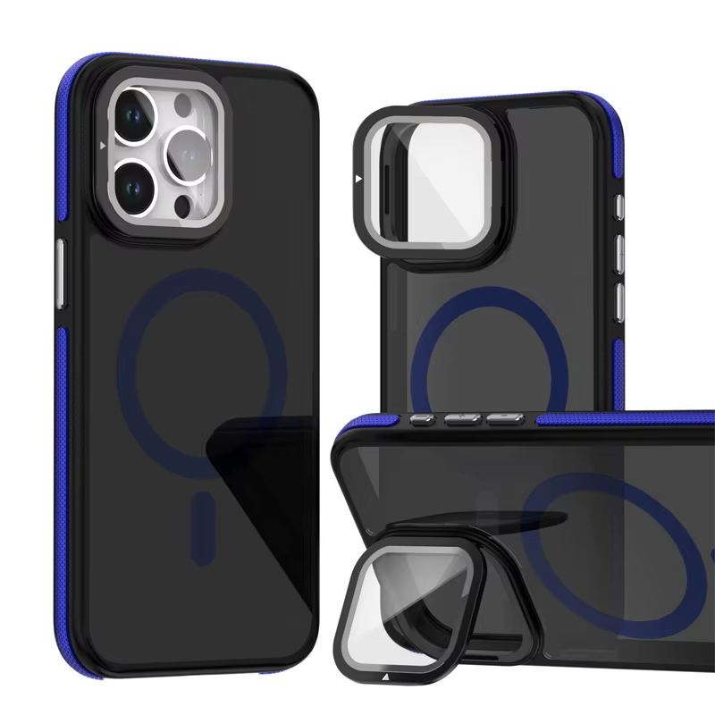 Luxury iPhone Case — MagSafe Matte Clear Magnetic TPU+PC Cover with Glass Lens Camera Protection and Built-In Stand