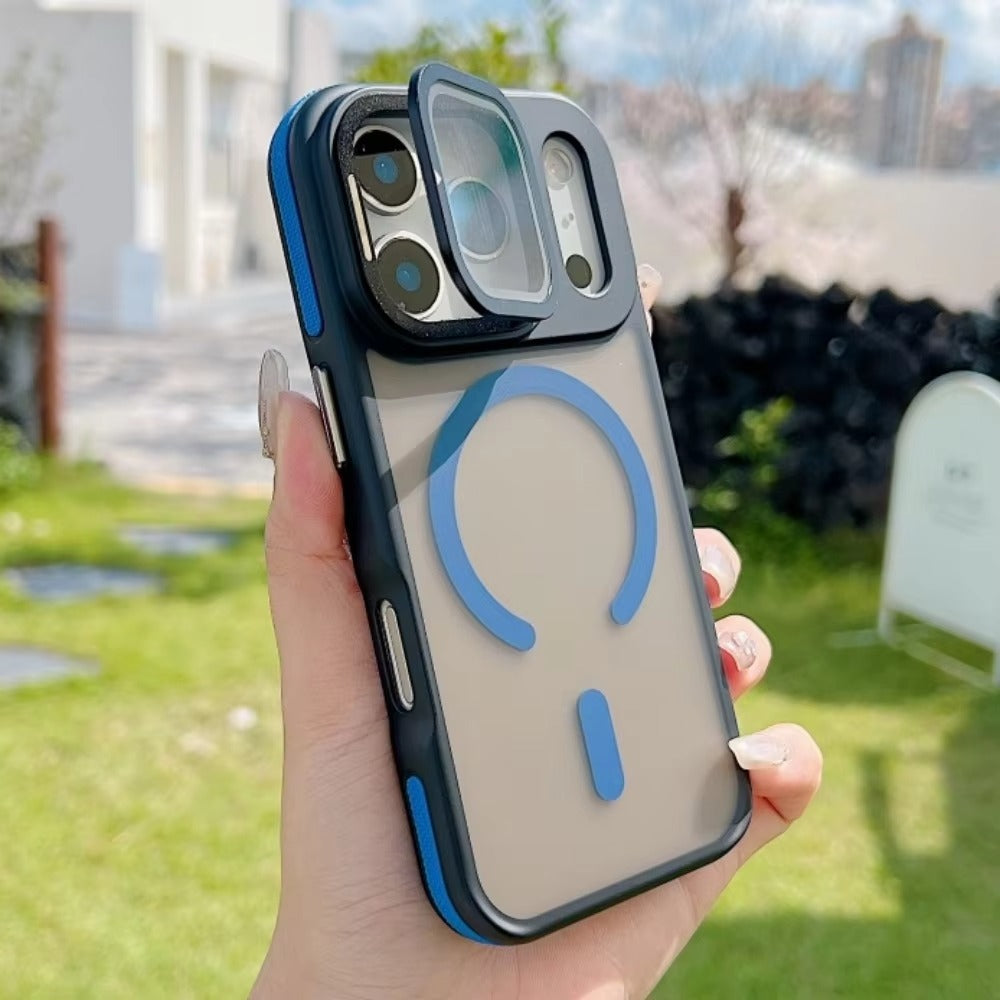 Luxury iPhone Case — MagSafe Matte Clear Magnetic TPU+PC Cover with Glass Lens Camera Protection and Built-In Stand