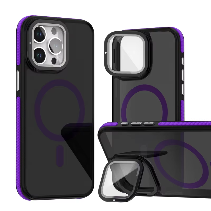 Luxury iPhone Case — MagSafe Matte Clear Magnetic TPU+PC Cover with Glass Lens Camera Protection and Built-In Stand