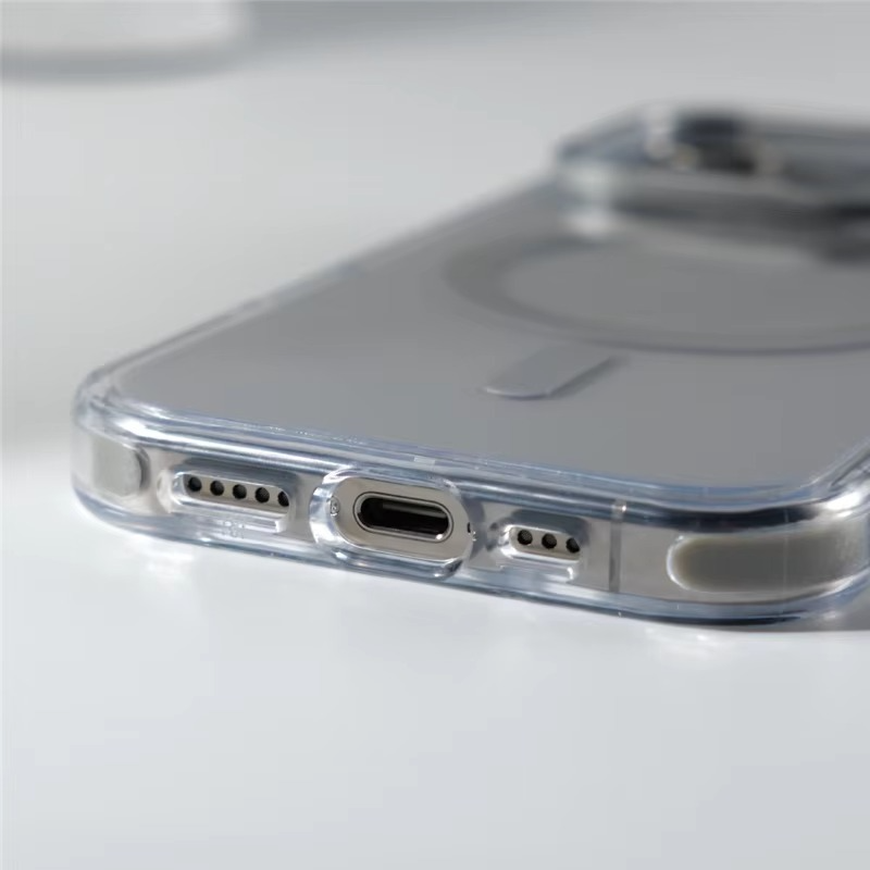 Luxury Magnetic Clear iPhone Case — Shockproof Air Cushion Bumper, MagSafe Compatible, Wireless Charging, PC + TPU, Anti-Scratch, Non-Slip