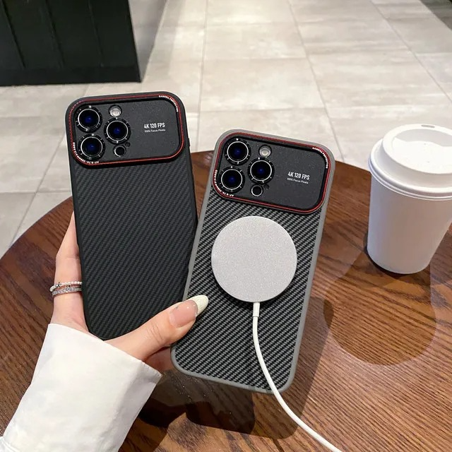 Luxury Magnetic MagSafe iPhone Case Shockproof with Large Window Camera Protection, Carbon Fiber Texture, Anti-Fingerprint Non-Slip Cover