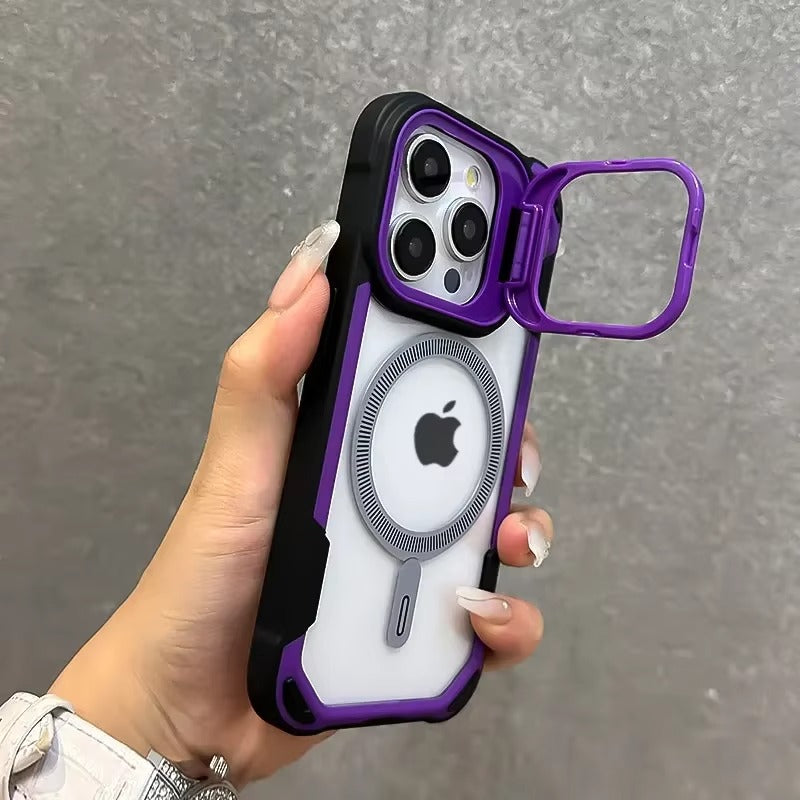 Luxury iPhone Case — Magnetic Shockproof Armor Bumper with Foldable Lens Stand Protection, Matte Anti-Fingerprint Finish, Secure Grip and Wireless-Charging Compatible Design