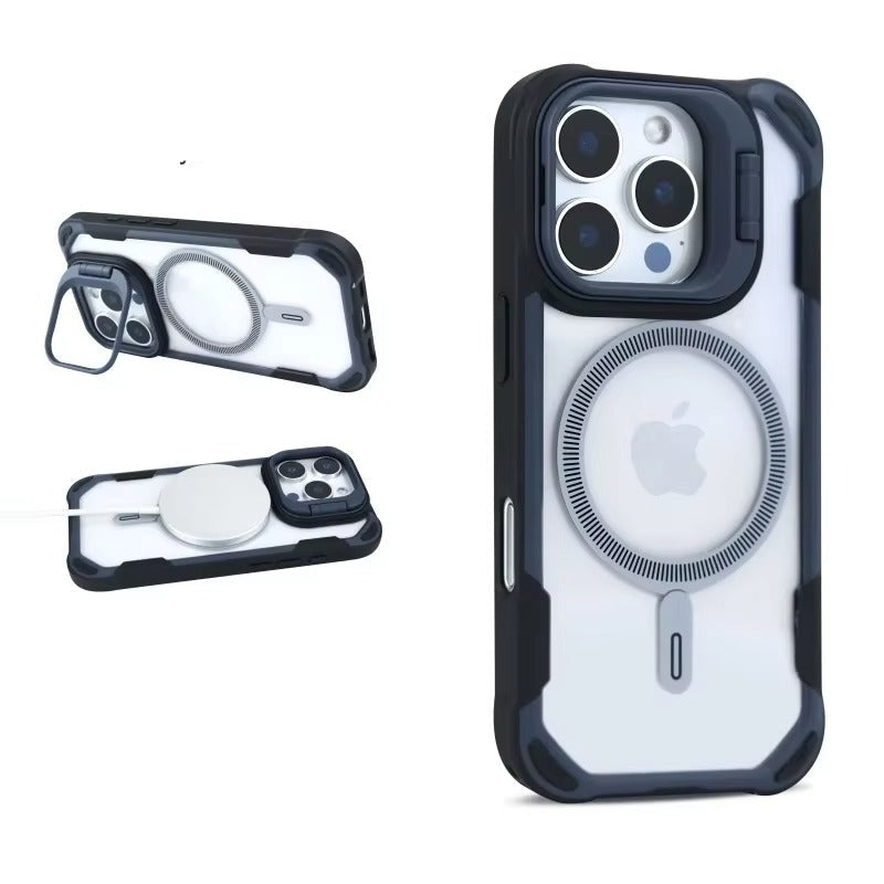 Luxury iPhone Case — Magnetic Shockproof Armor Bumper with Foldable Lens Stand Protection, Matte Anti-Fingerprint Finish, Secure Grip and Wireless-Charging Compatible Design