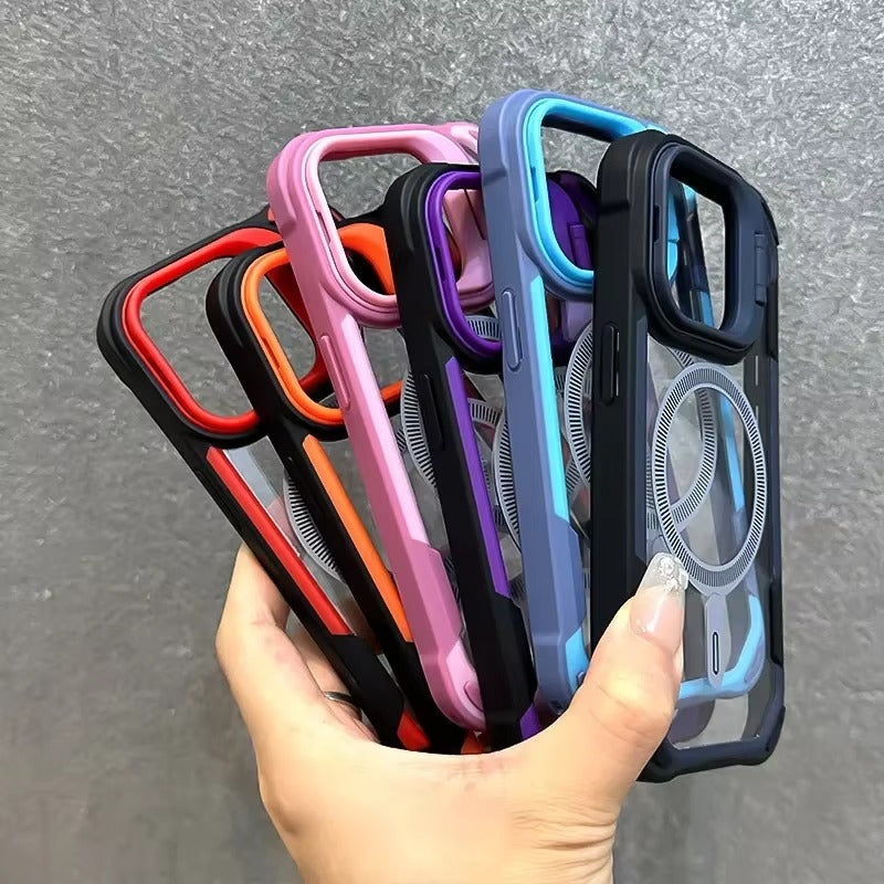 Luxury iPhone Case — Magnetic Shockproof Armor Bumper with Foldable Lens Stand Protection, Matte Anti-Fingerprint Finish, Secure Grip and Wireless-Charging Compatible Design