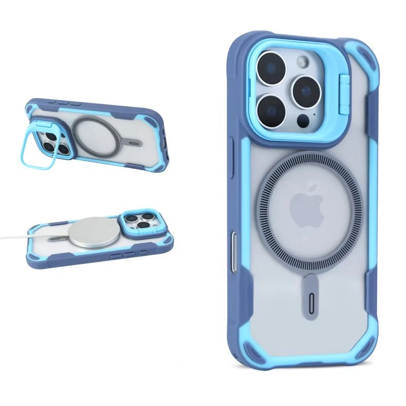 Luxury iPhone Case — Magnetic Shockproof Armor Bumper with Foldable Lens Stand Protection, Matte Anti-Fingerprint Finish, Secure Grip and Wireless-Charging Compatible Design