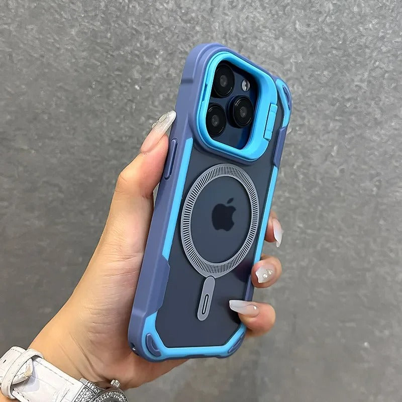 Luxury iPhone Case — Magnetic Shockproof Armor Bumper with Foldable Lens Stand Protection, Matte Anti-Fingerprint Finish, Secure Grip and Wireless-Charging Compatible Design