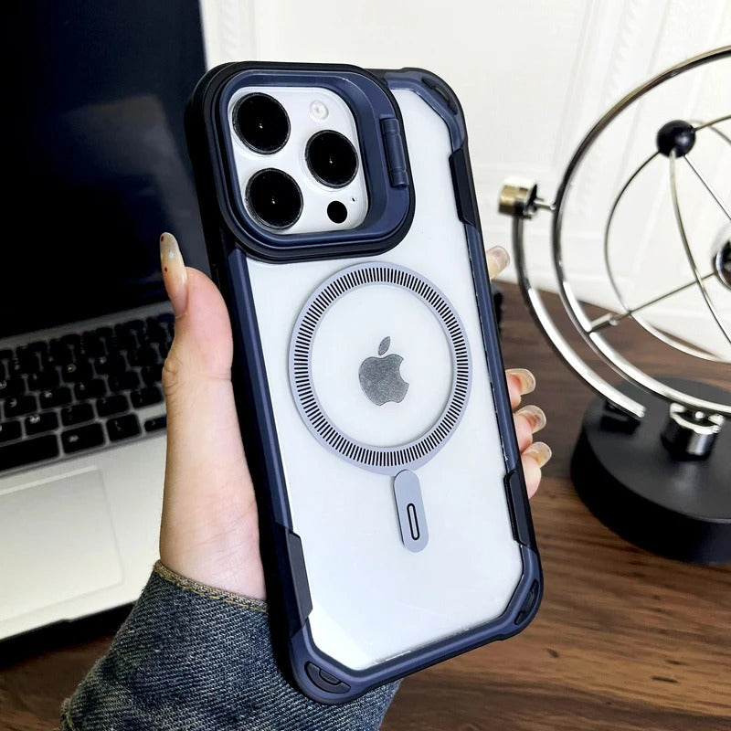 Luxury iPhone Case — Magnetic Shockproof Armor Bumper with Foldable Lens Stand Protection, Matte Anti-Fingerprint Finish, Secure Grip and Wireless-Charging Compatible Design