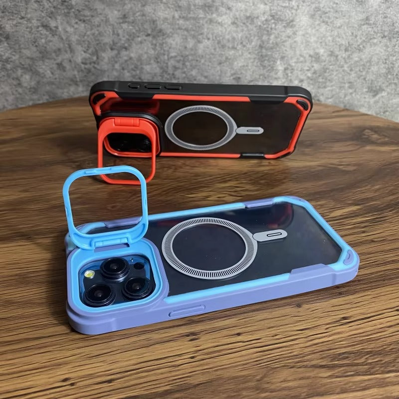 Luxury iPhone Case — Magnetic Shockproof Armor Bumper with Foldable Lens Stand Protection, Matte Anti-Fingerprint Finish, Secure Grip and Wireless-Charging Compatible Design