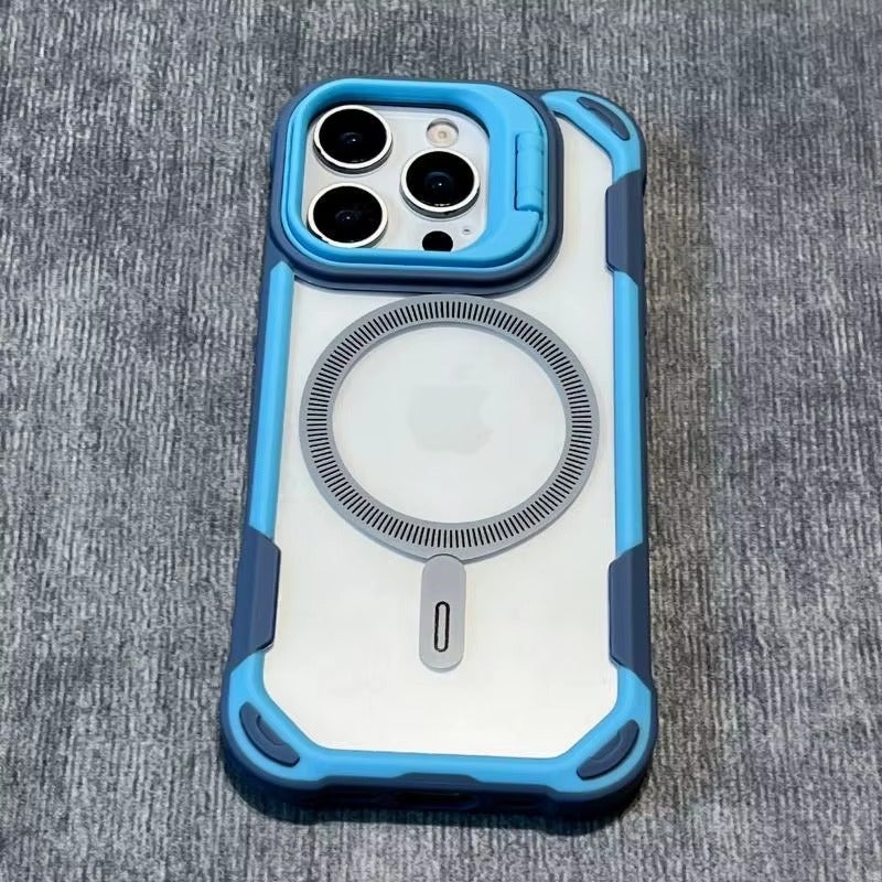 Luxury iPhone Case — Magnetic Shockproof Armor Bumper with Foldable Lens Stand Protection, Matte Anti-Fingerprint Finish, Secure Grip and Wireless-Charging Compatible Design