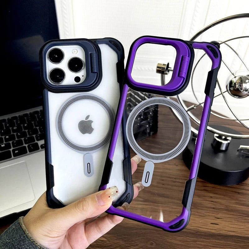 Luxury iPhone Case — Magnetic Shockproof Armor Bumper with Foldable Lens Stand Protection, Matte Anti-Fingerprint Finish, Secure Grip and Wireless-Charging Compatible Design