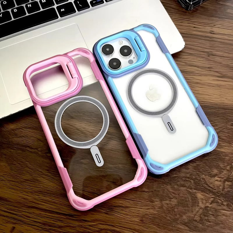 Luxury iPhone Case — Magnetic Shockproof Armor Bumper with Foldable Lens Stand Protection, Matte Anti-Fingerprint Finish, Secure Grip and Wireless-Charging Compatible Design