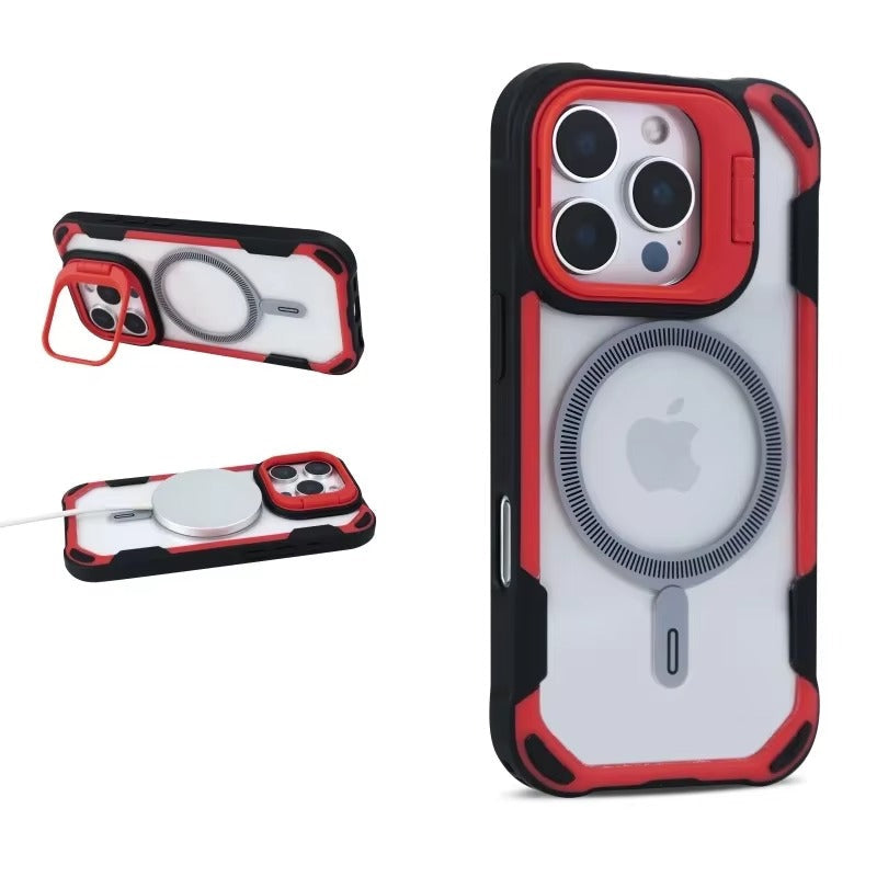 Luxury iPhone Case — Magnetic Shockproof Armor Bumper with Foldable Lens Stand Protection, Matte Anti-Fingerprint Finish, Secure Grip and Wireless-Charging Compatible Design