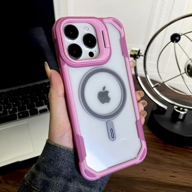Luxury iPhone Case — Magnetic Shockproof Armor Bumper with Foldable Lens Stand Protection, Matte Anti-Fingerprint Finish, Secure Grip and Wireless-Charging Compatible Design