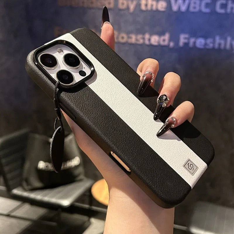 Luxury Magnetic Shockproof iPhone Case — Splicing Leather Design, Wireless Charging Compatible, Matte Anti-Fingerprint Hard Cover with Kickstand & Secure Grip