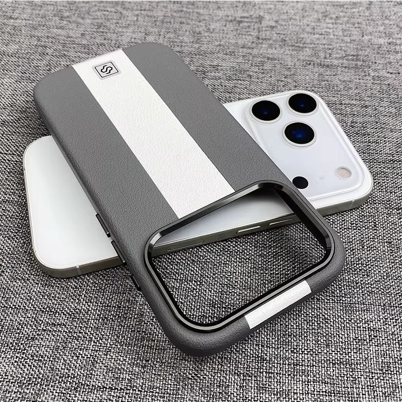 Luxury Magnetic Shockproof iPhone Case — Splicing Leather Design, Wireless Charging Compatible, Matte Anti-Fingerprint Hard Cover with Kickstand & Secure Grip