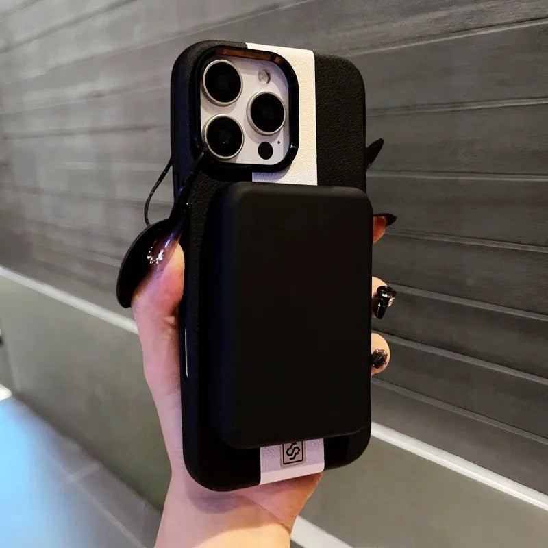 Luxury Magnetic Shockproof iPhone Case — Splicing Leather Design, Wireless Charging Compatible, Matte Anti-Fingerprint Hard Cover with Kickstand & Secure Grip