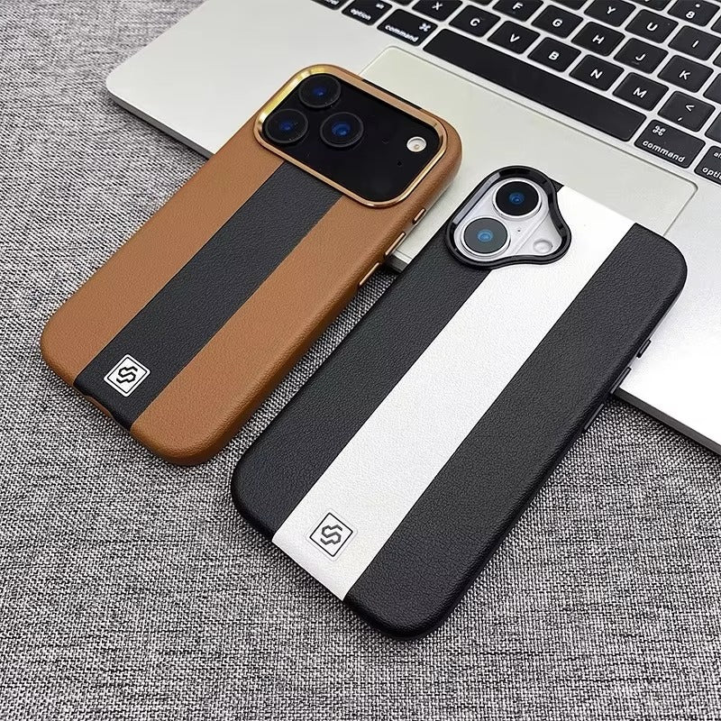 Luxury Magnetic Shockproof iPhone Case — Splicing Leather Design, Wireless Charging Compatible, Matte Anti-Fingerprint Hard Cover with Kickstand & Secure Grip