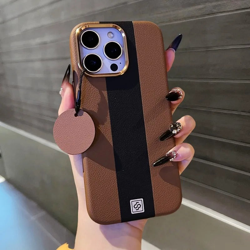 Luxury Magnetic Shockproof iPhone Case — Splicing Leather Design, Wireless Charging Compatible, Matte Anti-Fingerprint Hard Cover with Kickstand & Secure Grip