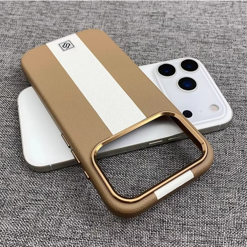 Luxury Magnetic Shockproof iPhone Case — Splicing Leather Design, Wireless Charging Compatible, Matte Anti-Fingerprint Hard Cover with Kickstand & Secure Grip