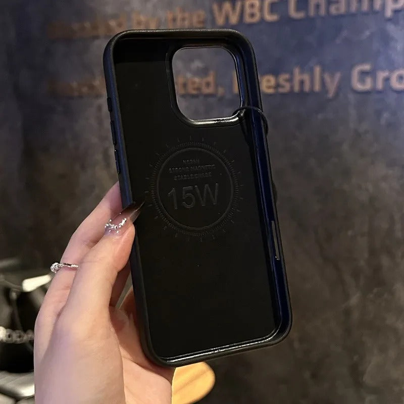 Luxury Magnetic Shockproof iPhone Case — Splicing Leather Design, Wireless Charging Compatible, Matte Anti-Fingerprint Hard Cover with Kickstand & Secure Grip