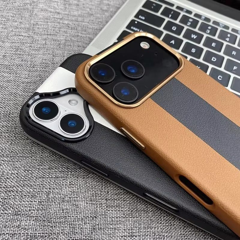 Luxury Magnetic Shockproof iPhone Case — Splicing Leather Design, Wireless Charging Compatible, Matte Anti-Fingerprint Hard Cover with Kickstand & Secure Grip