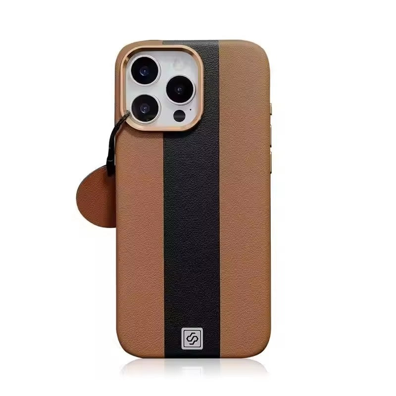 Luxury Magnetic Shockproof iPhone Case — Splicing Leather Design, Wireless Charging Compatible, Matte Anti-Fingerprint Hard Cover with Kickstand & Secure Grip