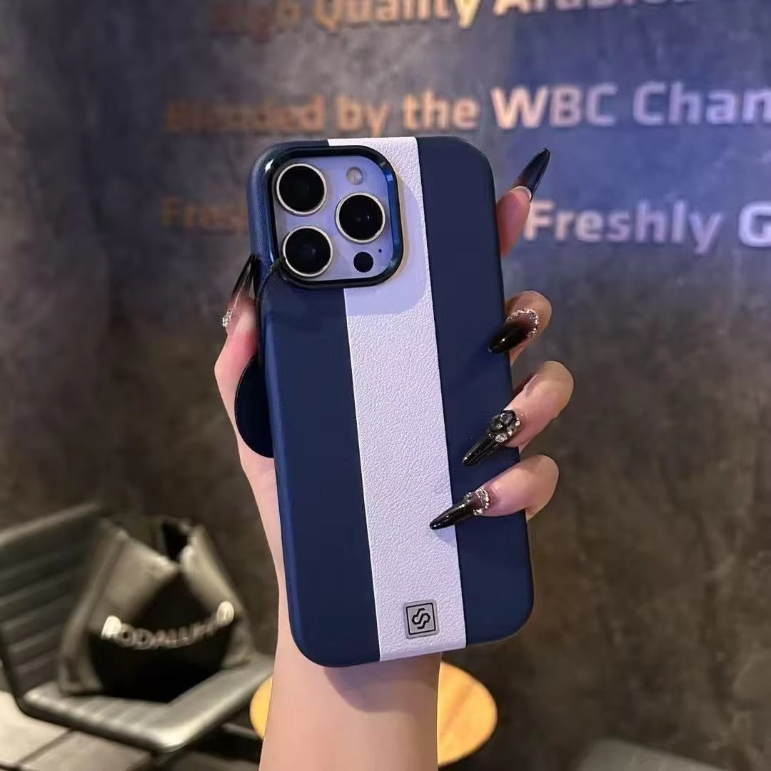 Luxury Magnetic Shockproof iPhone Case — Splicing Leather Design, Wireless Charging Compatible, Matte Anti-Fingerprint Hard Cover with Kickstand & Secure Grip