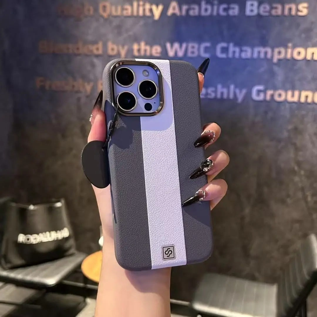 Luxury Magnetic Shockproof iPhone Case — Splicing Leather Design, Wireless Charging Compatible, Matte Anti-Fingerprint Hard Cover with Kickstand & Secure Grip