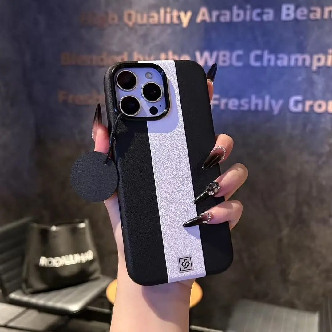 Luxury Magnetic Shockproof iPhone Case — Splicing Leather Design, Wireless Charging Compatible, Matte Anti-Fingerprint Hard Cover with Kickstand & Secure Grip