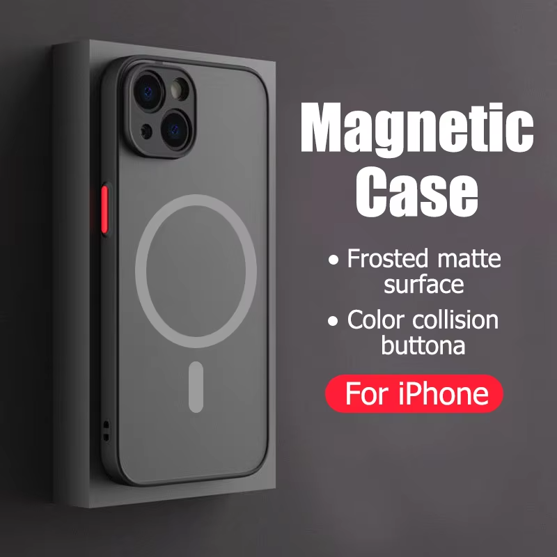 Luxury Magnetic iPhone Case — Matte Soft Silicone Cover, Color Collision, Camera Lens Protection, Shockproof, Anti-Scratch, Magsafe Compatible